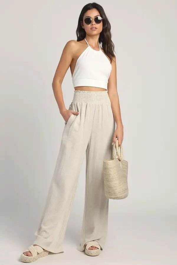 Bikini Top + High-Waisted Linen Trousers