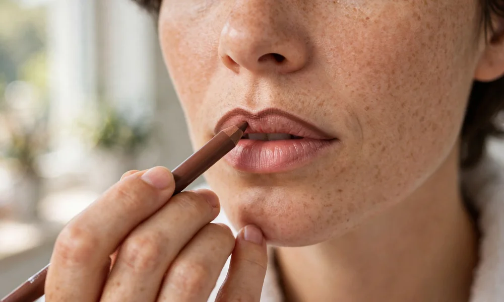 Applying brown lip liner