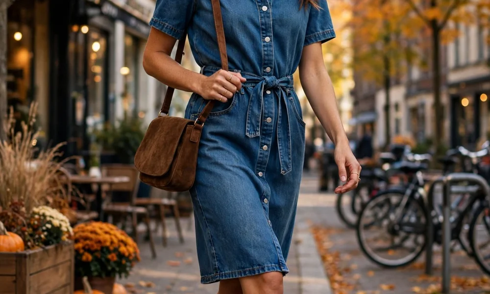 Denim dress with boots