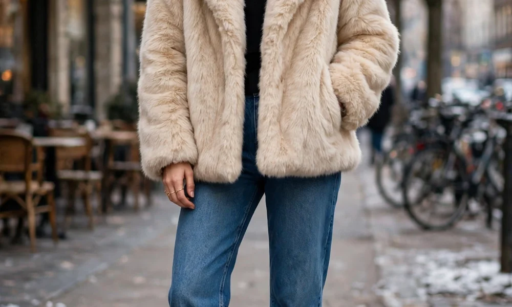 Faux fur coat with jeans and boots