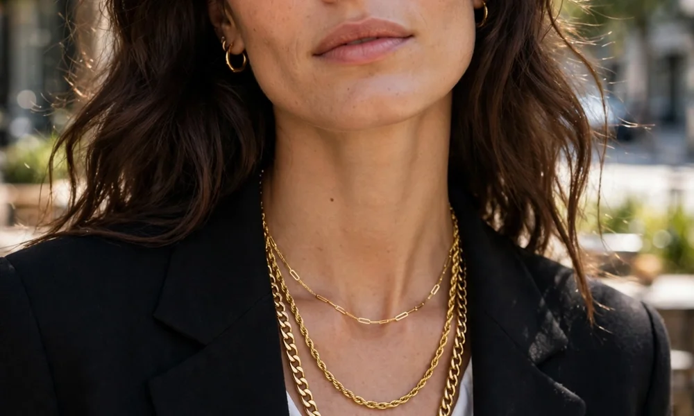 Layered gold necklaces with a blazer outfit