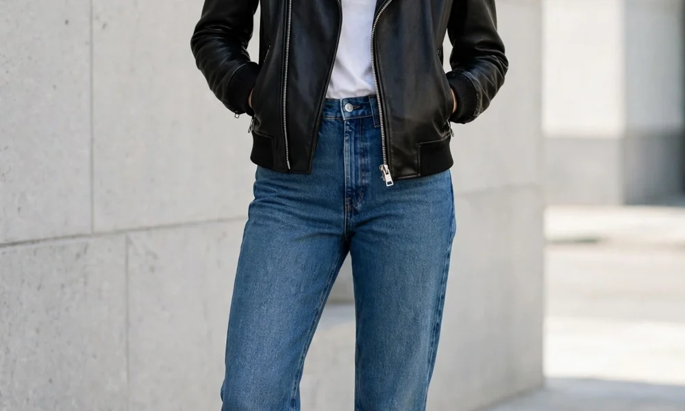 Classic black leather jacket with straight jeans
