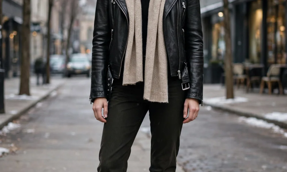 Leather jacket layered with a scarf in winter
