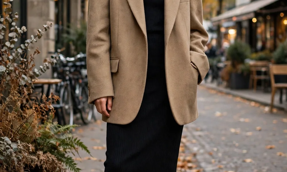 Oversized blazer with a dress and boots