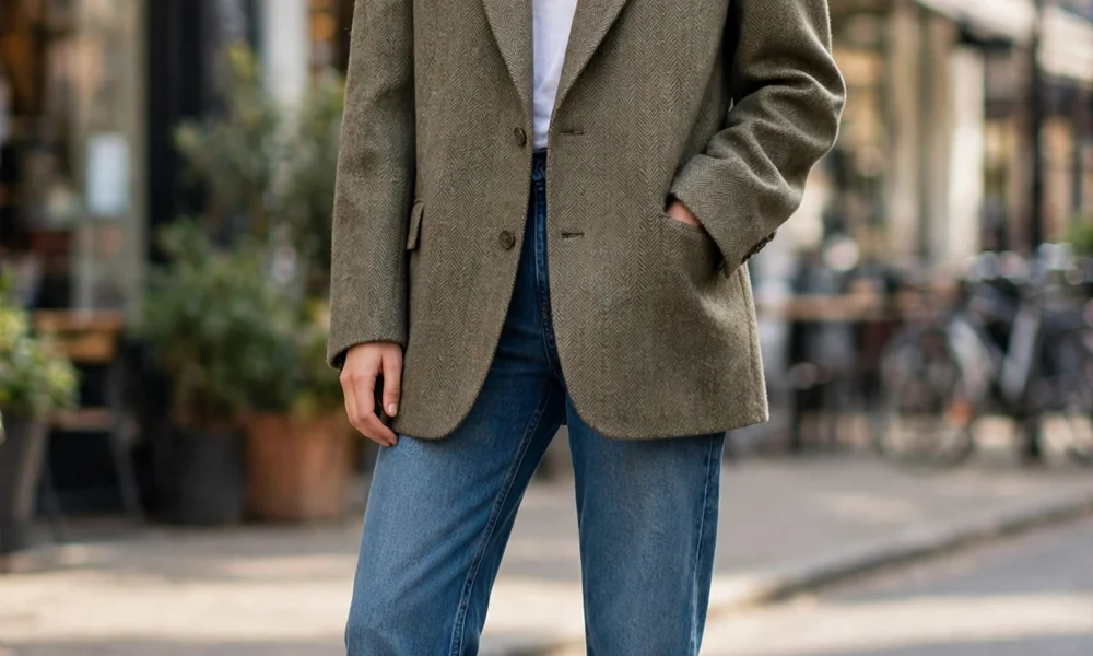 Oversized blazer with straight jeans and boots