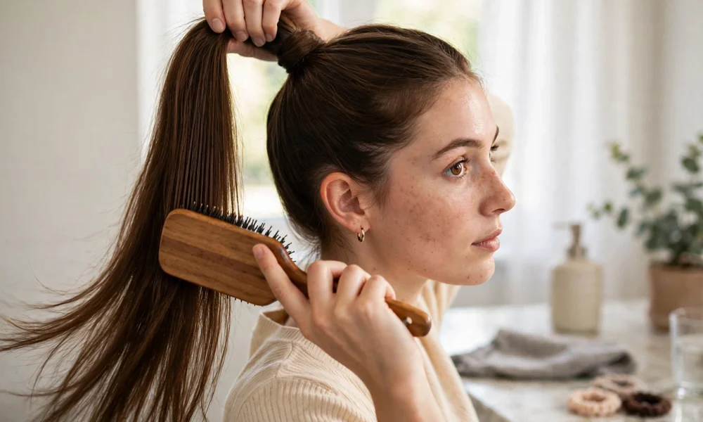 Brushing hair into a sleek ponytail