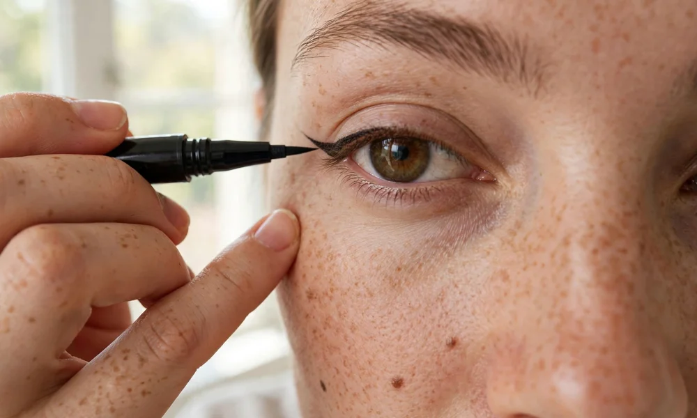 Applying winged eyeliner