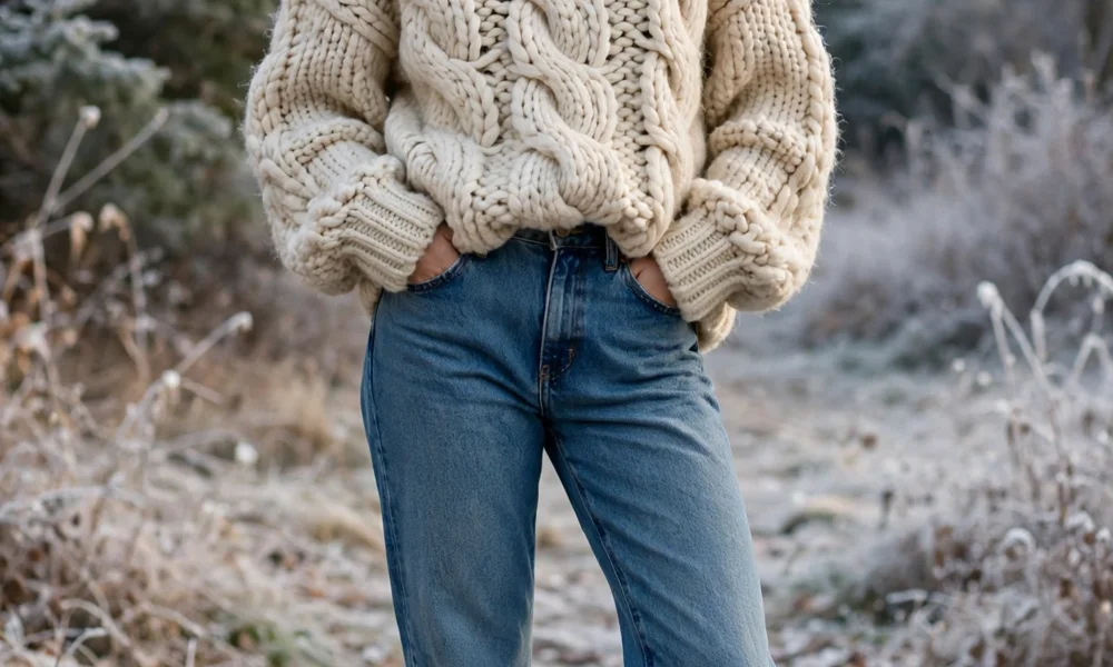 Chunky knit sweater with jeans and boots